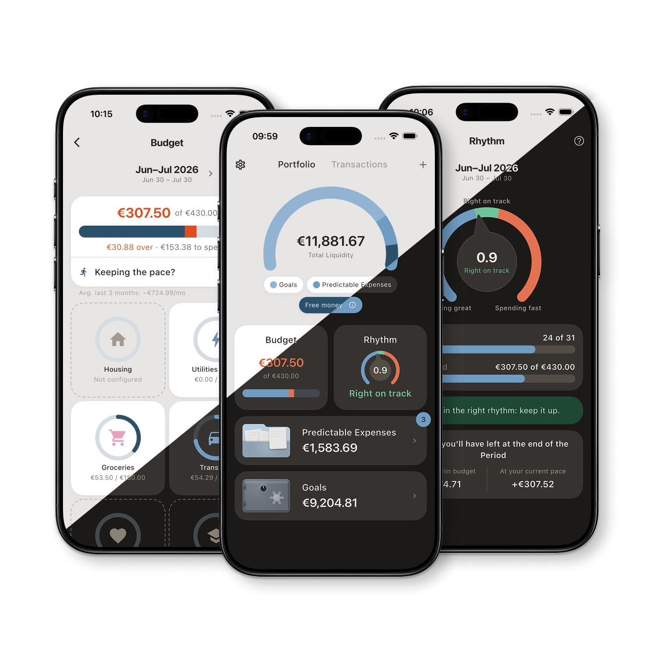 Tre schermate dell'app Zeni: Budget, Portafoglio e Ritmo